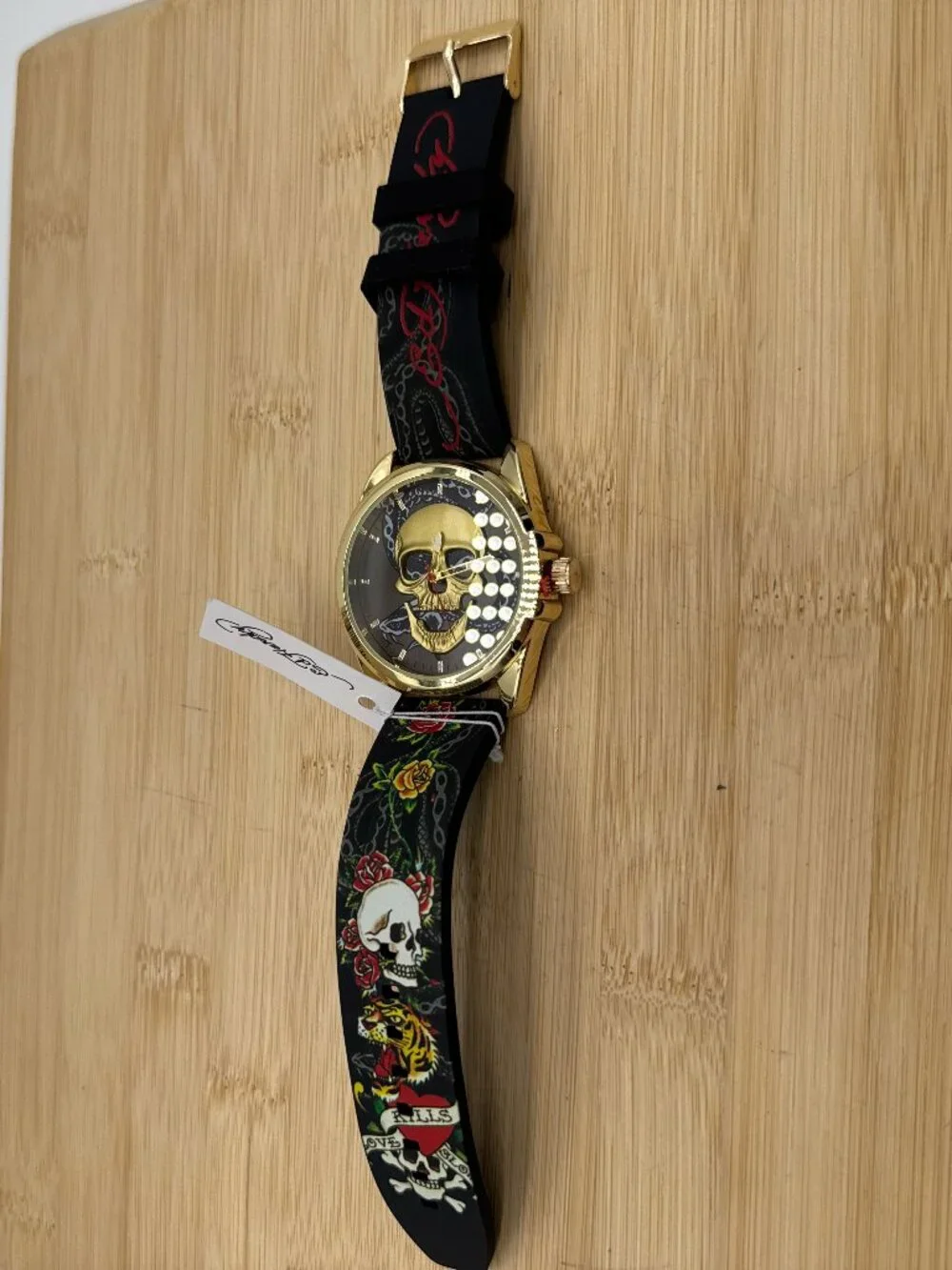 ED HARDY Skull Men's Quartz Movement Gold/Multicolor Print Analog Watch